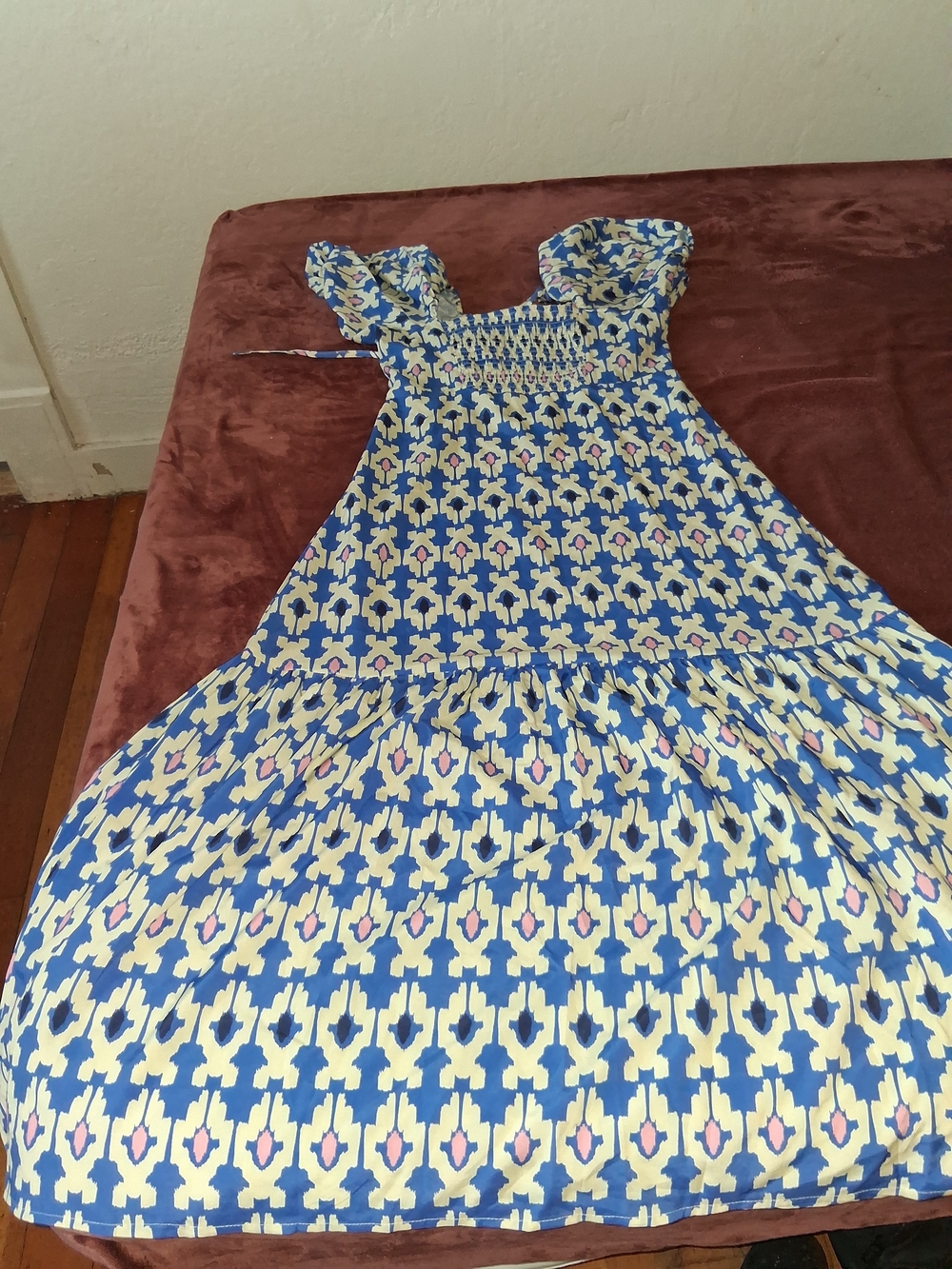 Blue Patterned Smocked Maxi Dress with Ruffle Straps